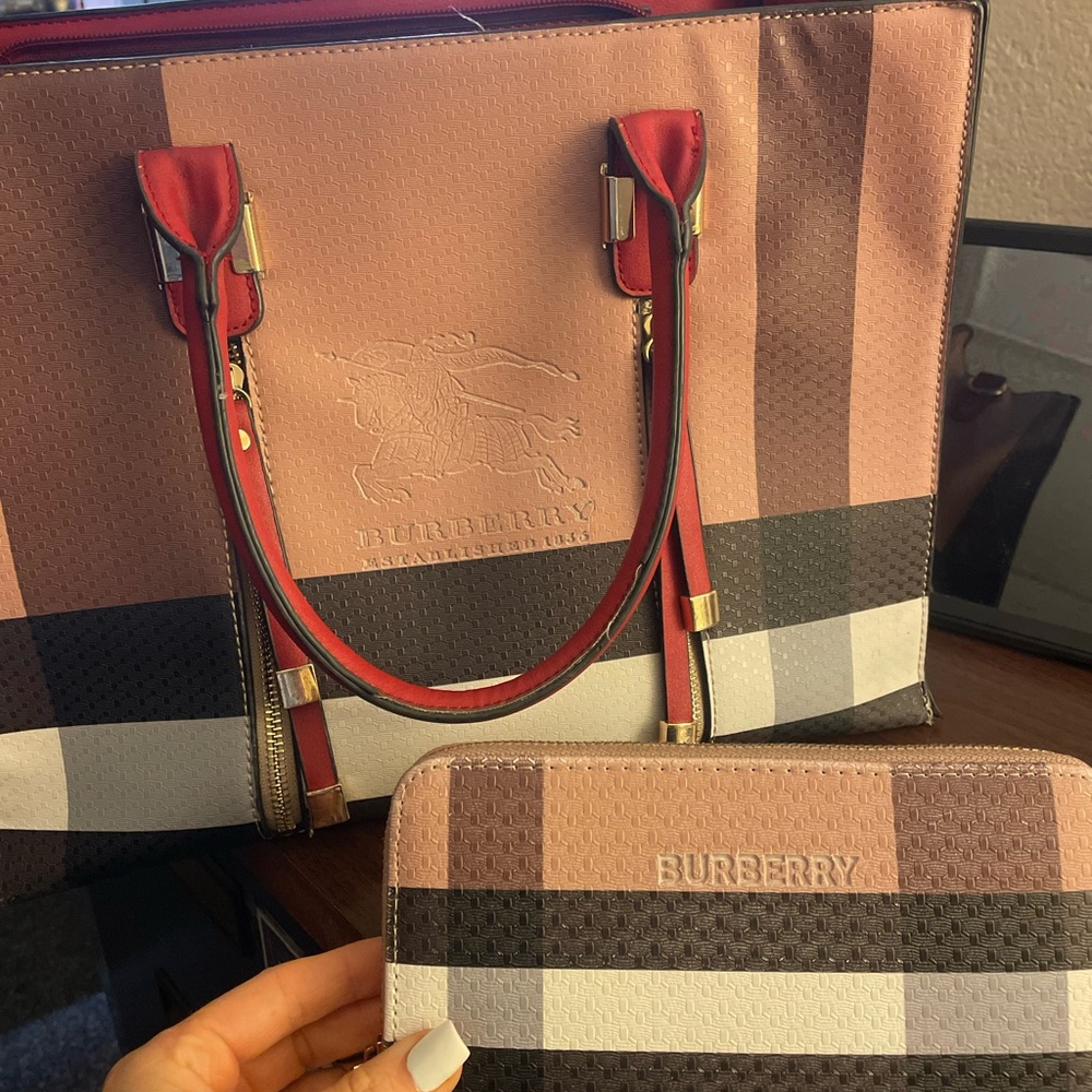 Burberry Brown and Black Tote Bag with Stripes and Gold Hardware